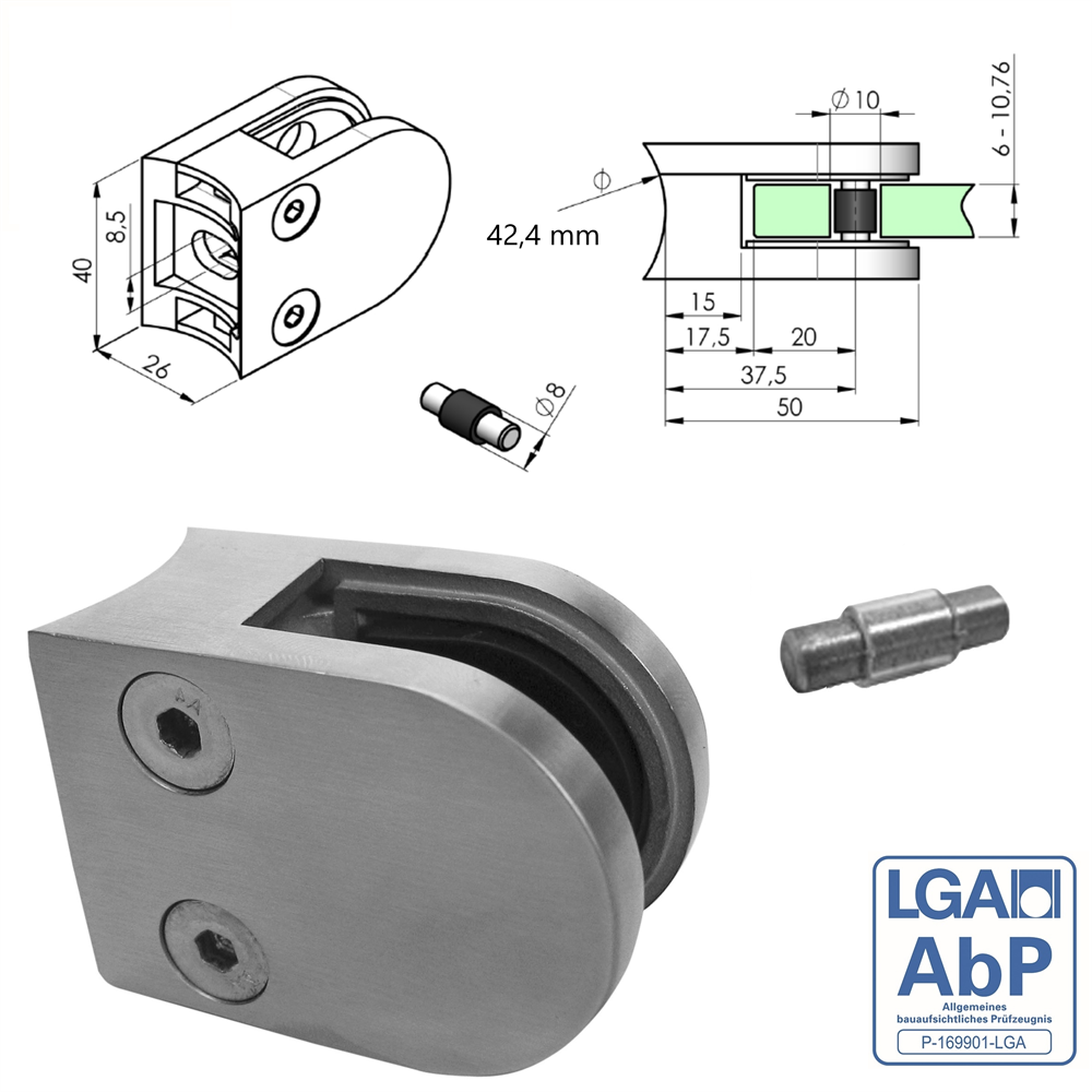 Glass clamp | Dimensions: 50x40x26 mm | Connection 42.4 mm | Zinc