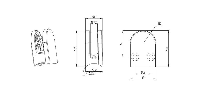 Glass clamp | Dimensions: 50x40x26 mm | Connection 33.7 mm | Zinc
