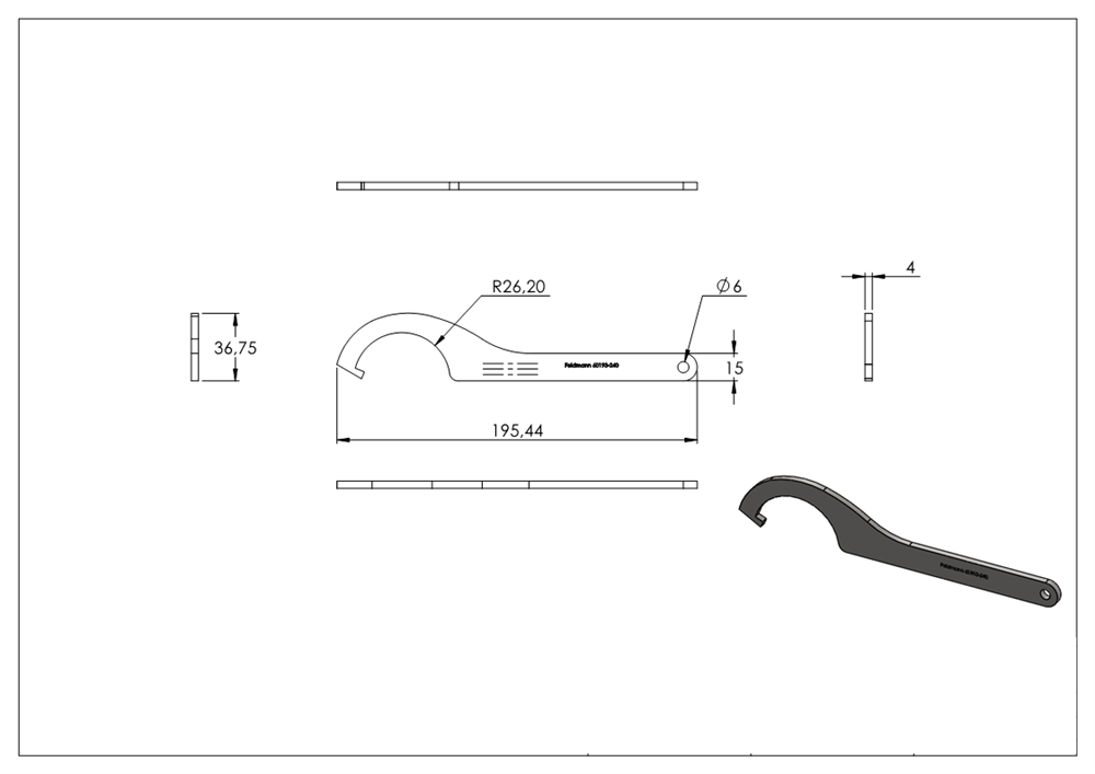 Hook wrench for glass point holder Ø 52 mm