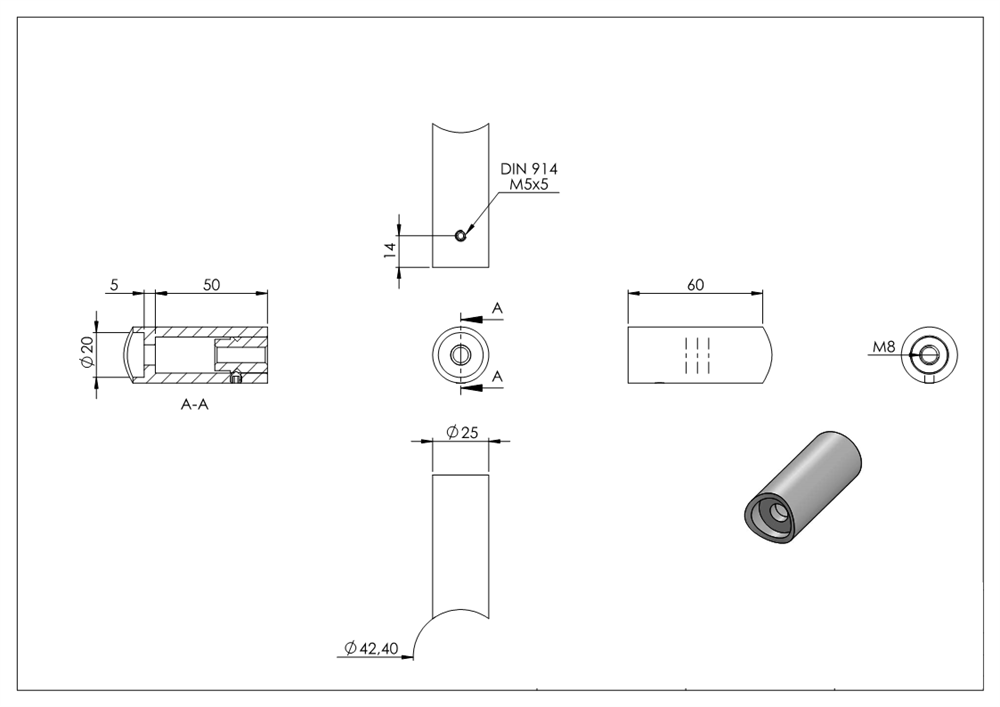 V2A tube spacer for push handles for Ø 42.4 mm