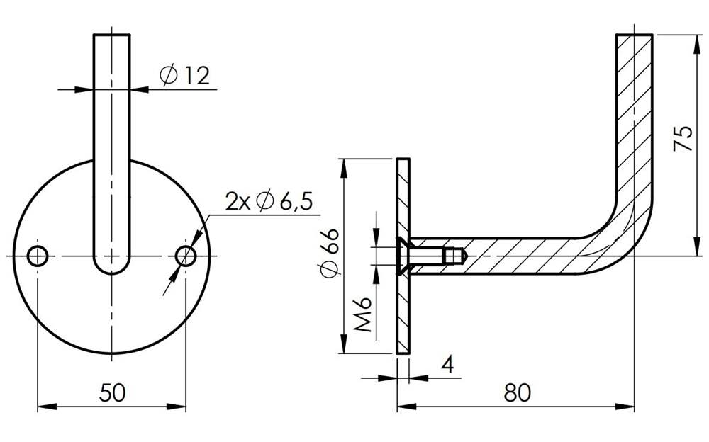 Handrail bracket Ronde | dimensions: 66x4 mm | bracket: Ø 12 mm | for welding on | V2A