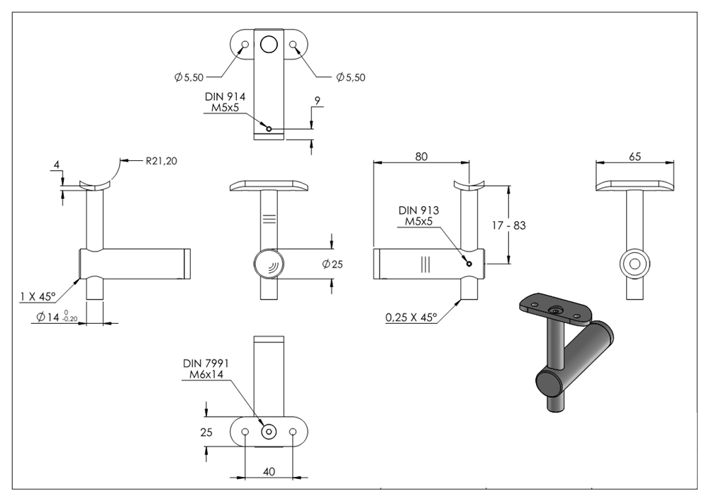 Handrail bracket height adjustable and retaining plate for flat connection V2A