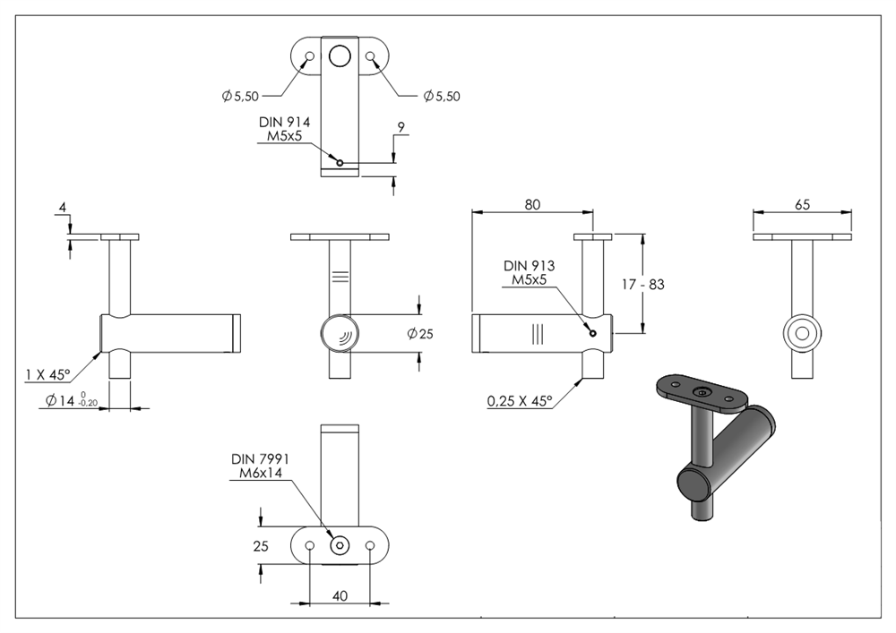 Handrail bracket with retaining plate for flat connection V2A