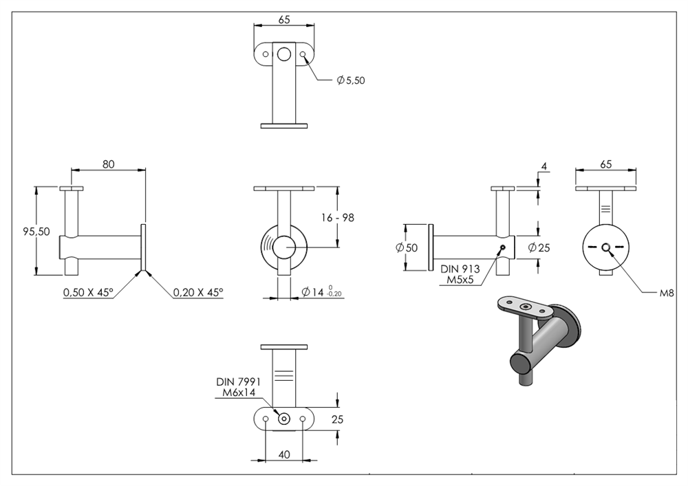 Handrail bracket for wall/wall with retaining plate for flat connection V2A