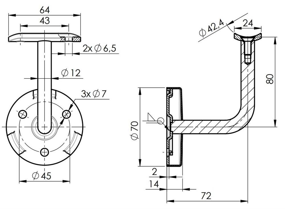 Handrail bracket | with retaining plate for: Ø 42.4 mm | V2A