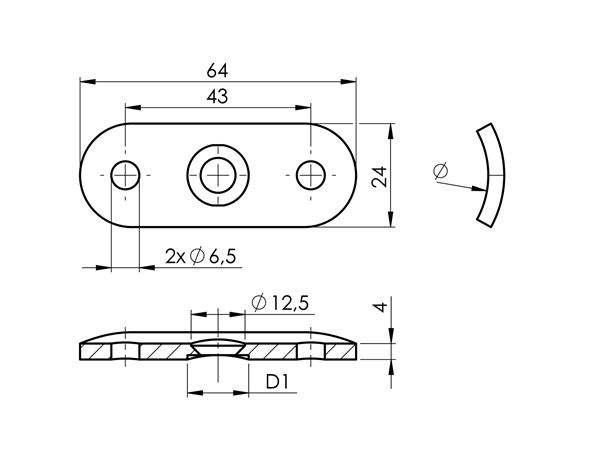 Handrail connection plate | dimensions: 64x24x4 mm | for tube: Ø 42.4 mm | V2A