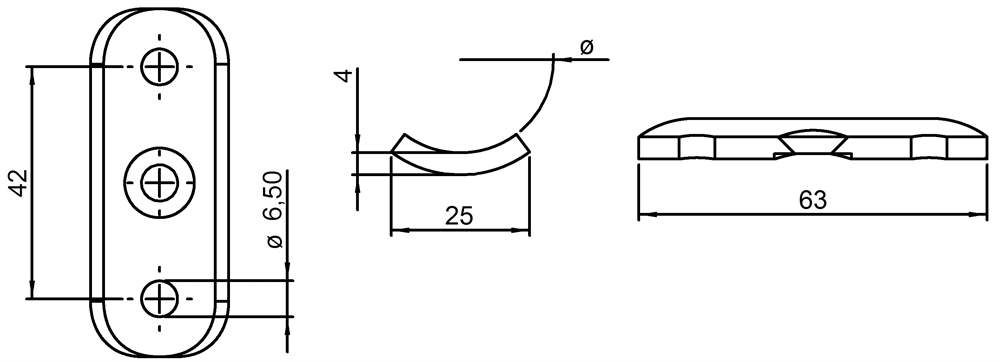 Handrail connection plate | dimensions: 64x24x4 mm | for tube: Ø 42.4 mm | V2A