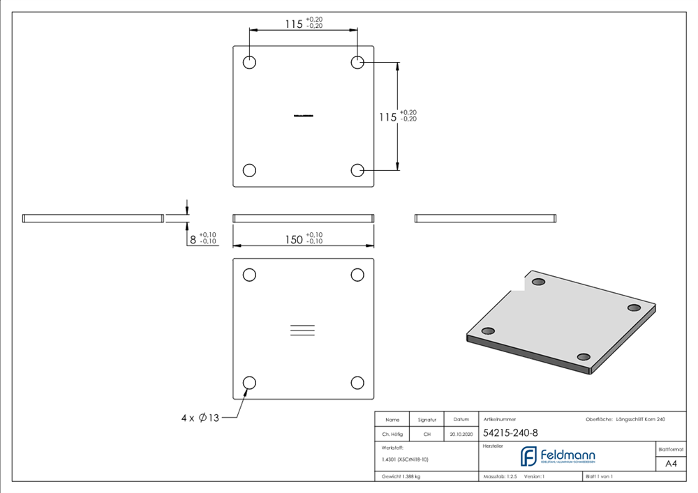 Anchor plate | dimensions: 150 x 150 x 8 mm | with 4 holes á Ø 14 mm | V2A