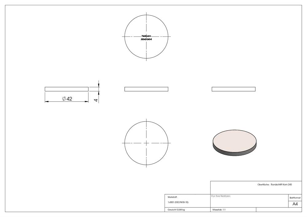 Circular blank | Dimensions: Ø 42x4 mm | with circular grinding | V2A