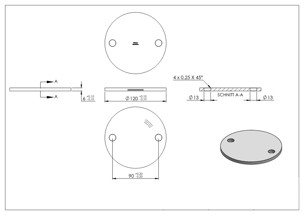 Anchor plate | Ø 120 x 6 mm | with 2 holes á Ø 13 mm | V2A