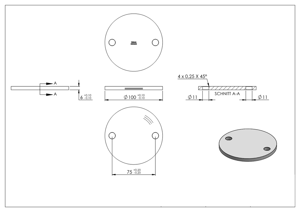 Anchor plate | Ø 100 x 6 mm | with 2 holes á Ø 11 mm | V2A