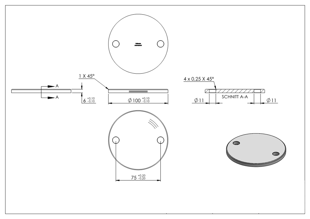 Anchor plate | Ø 100 x 6 mm | with 2 holes á Ø 11 mm | V2A