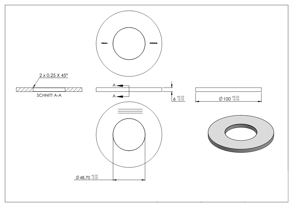 Anchor plate | dimensions: Ø 100x6 mm | for round tube: Ø 48.3 mm | with longitudinal grinding | V2A