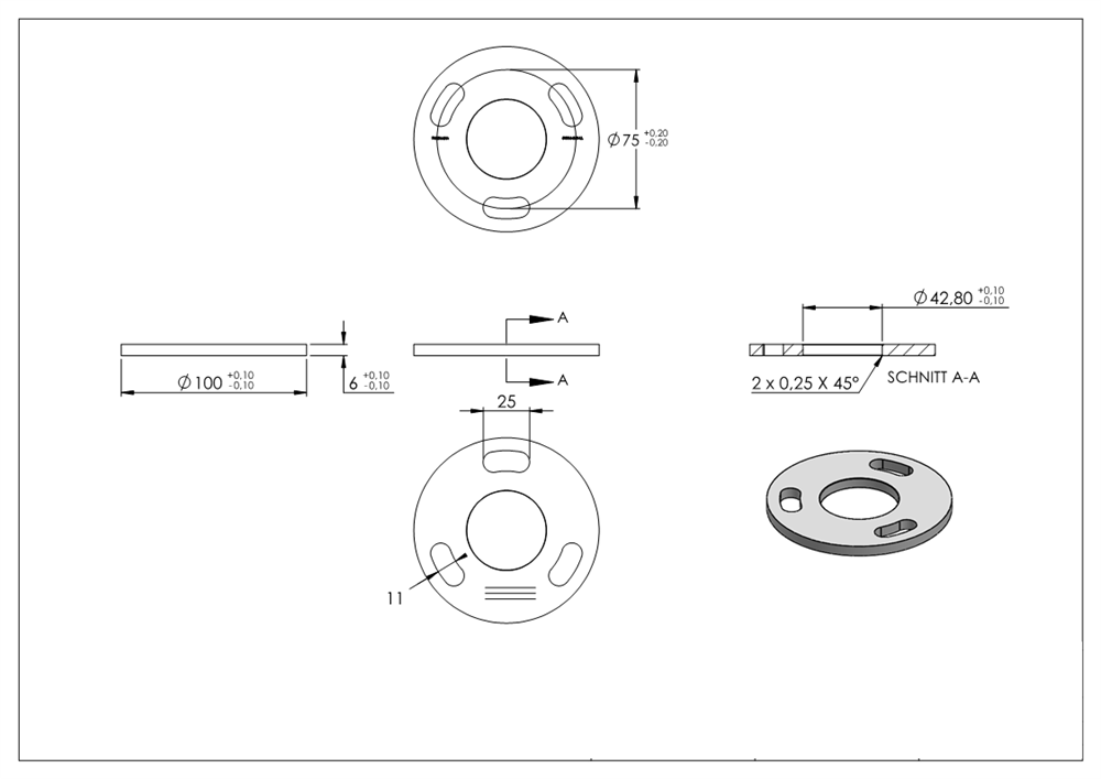 Anchor plate | Dimensions: Ø 100x6 mm | Center hole: Ø 43 mm | V2A