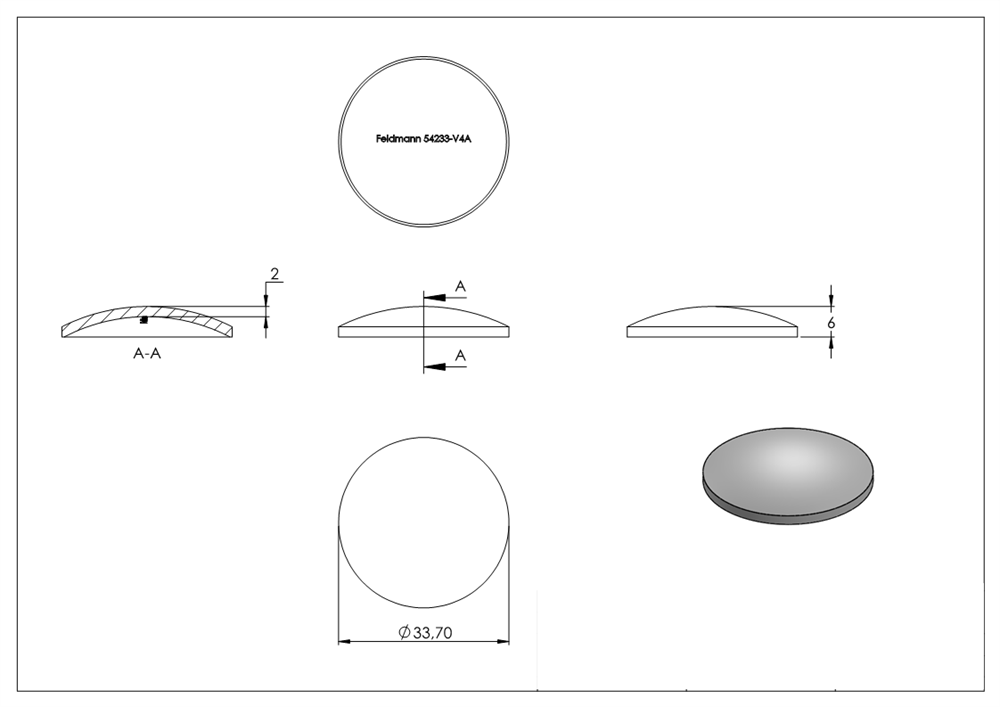 dished end | Ø 33,7x2,0 mm | domed | unground | V4A