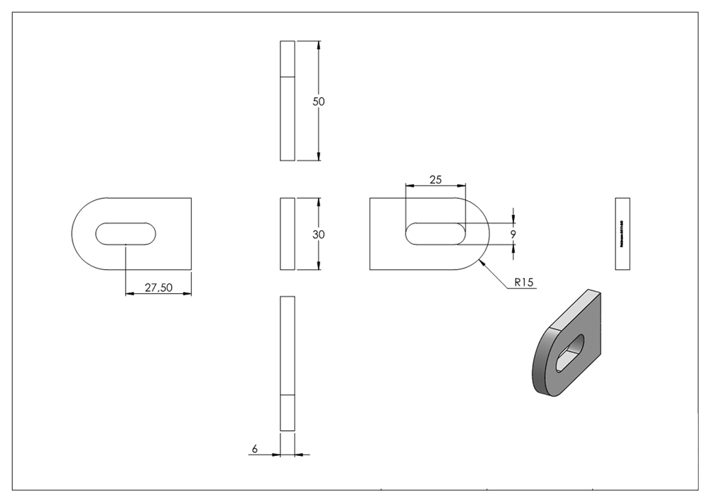 Welding lug | dimensions: 50x30x6 mm | with oblong hole: Ø 25x9 mm | V2A