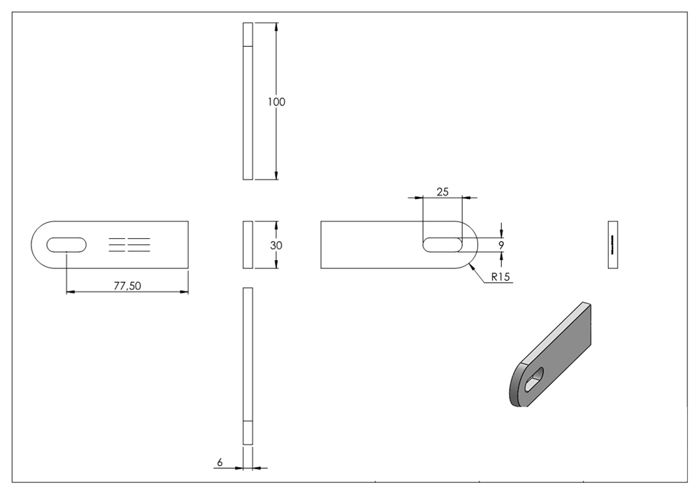 Welding lug | dimensions: 100x30x6 mm | with oblong hole: Ø 25x9 mm | V2A