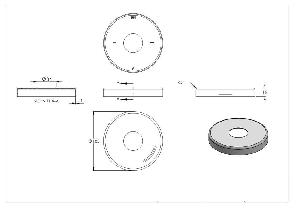 Cover rosette 105x15 mm V2A for round tube 33.7 mm