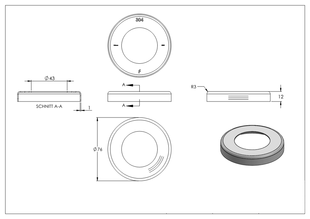 Cover rosette | dimensions: Ø 76x12 mm | for round tube: Ø 42.4 mm | V2A