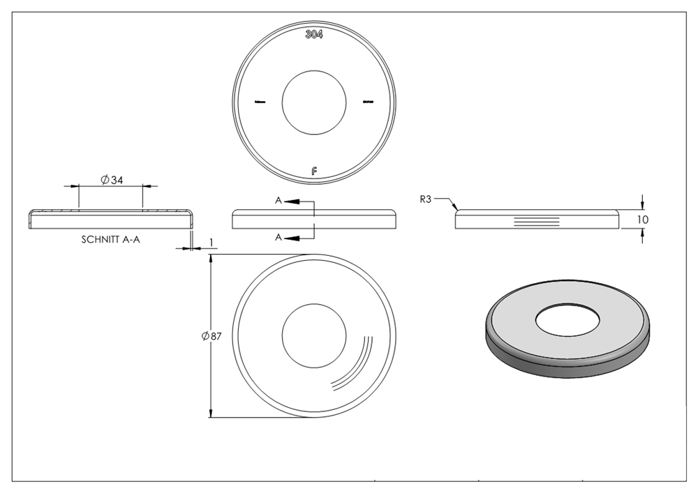 Cover rosette | dimensions: Ø 87x10 mm | for round tube: Ø 33.7 mm | V2A