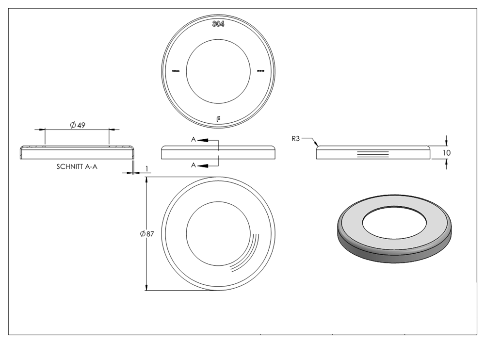 Cover rosette | dimensions: Ø 87x10 mm | for round tube: Ø 48.3 mm | V2A