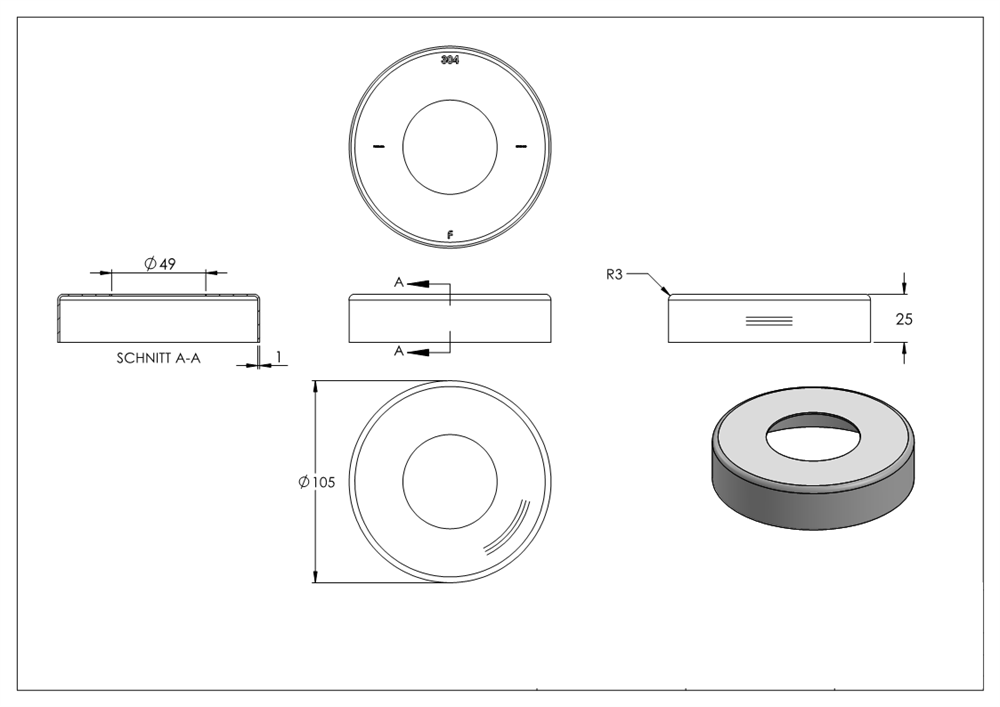 Cover rosette | dimensions: Ø 105x25 mm | for round tube: Ø 48.3 mm | V2A