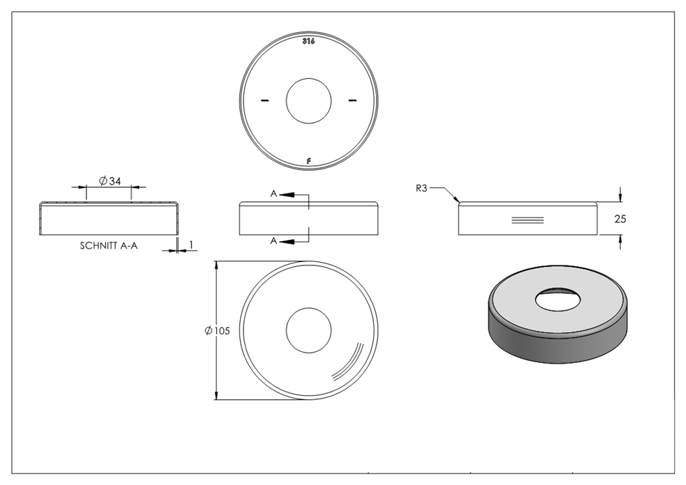 Cover rosette | dimensions: Ø 105x25 mm | for round tube: Ø 33.7 mm | V4A