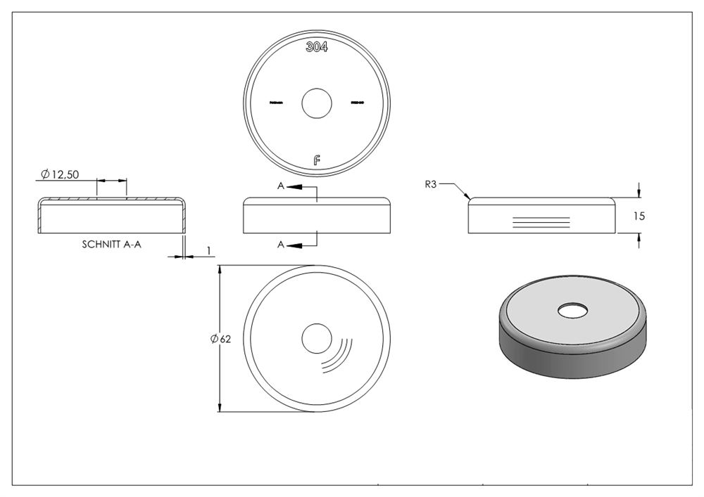 Cover rosette | dimensions: Ø 62x15 mm | for round tube: Ø 12 mm | V2A