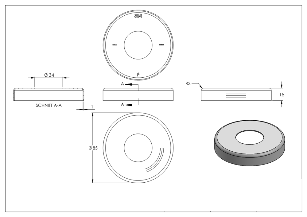 Cover rosette | dimensions: Ø 85x15 mm | for round tube: Ø 33.7 mm | V2A