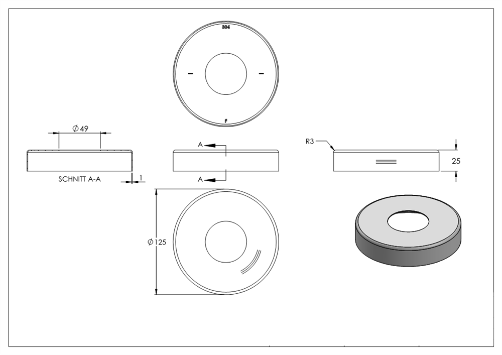 Cover rosette | dimensions: Ø 125x25 mm | for round tube: Ø 48.3 mm | V2A
