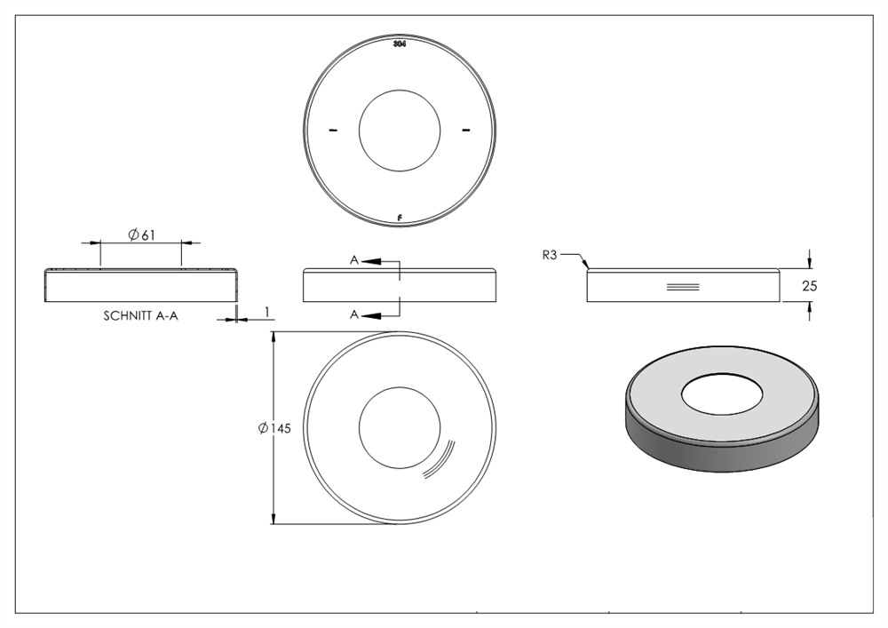 Cover rosette | dimensions: Ø 145x25 mm | for round tube: Ø 60.3 mm | V2A