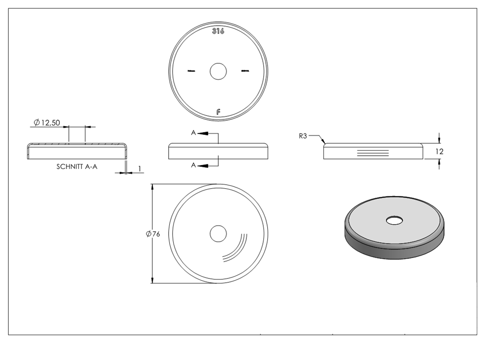 Cover rosette | dimensions: Ø 76x12 mm | for round tube: Ø 12 mm | V4A