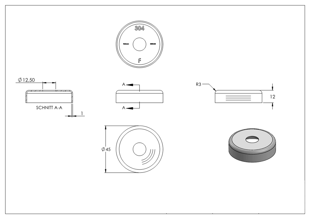 Cover rosette | dimensions: Ø 45x12 mm | for round tube: Ø 12 mm | V2A