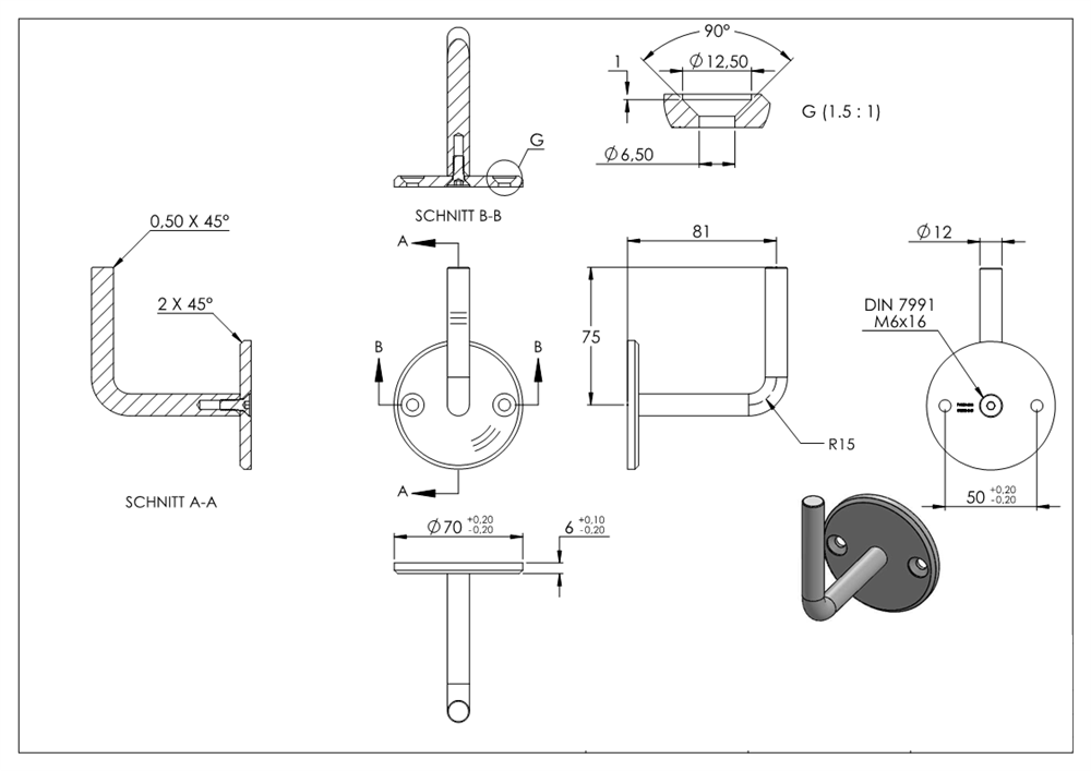 Handrail bracket | with round plate 70 x 6 mm | for welding | 2 holes | stainless steel V2A AISI304