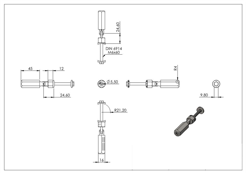 Threaded terminal with joint | For rope Ø 4 mm to Ø 8 mm | For self-assembly | For posts Ø 42.4 mm | V2A