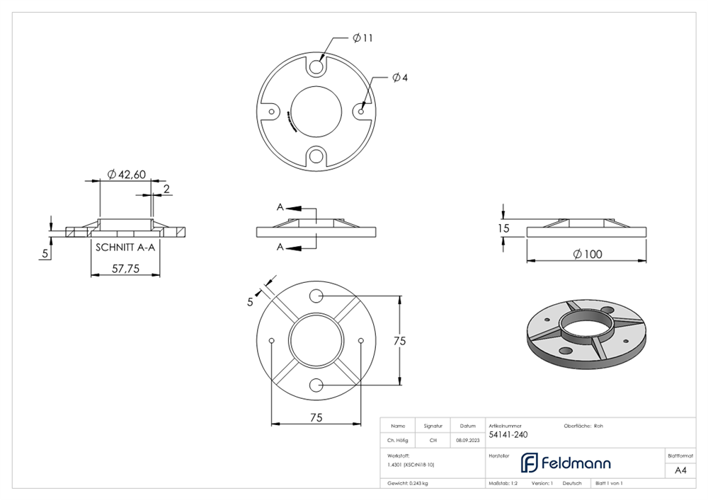 Anchor plate | dimensions: Ø 100x6 mm | for round tube: Ø 42.4 mm | V2A