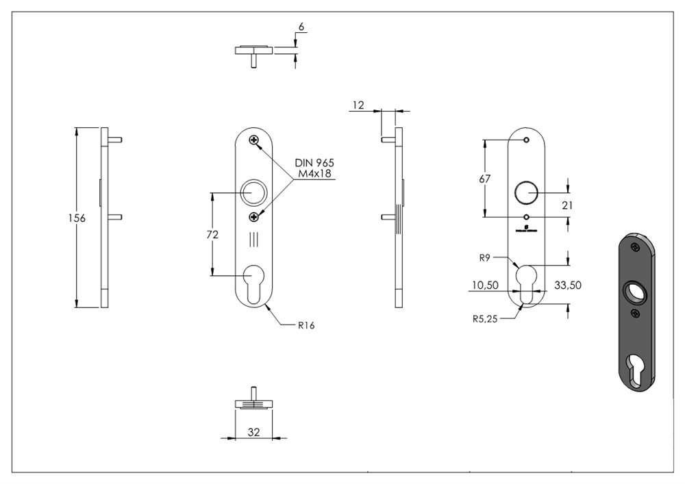 Long backplate 32x156x6 mm V2A for lock cases with pin holes