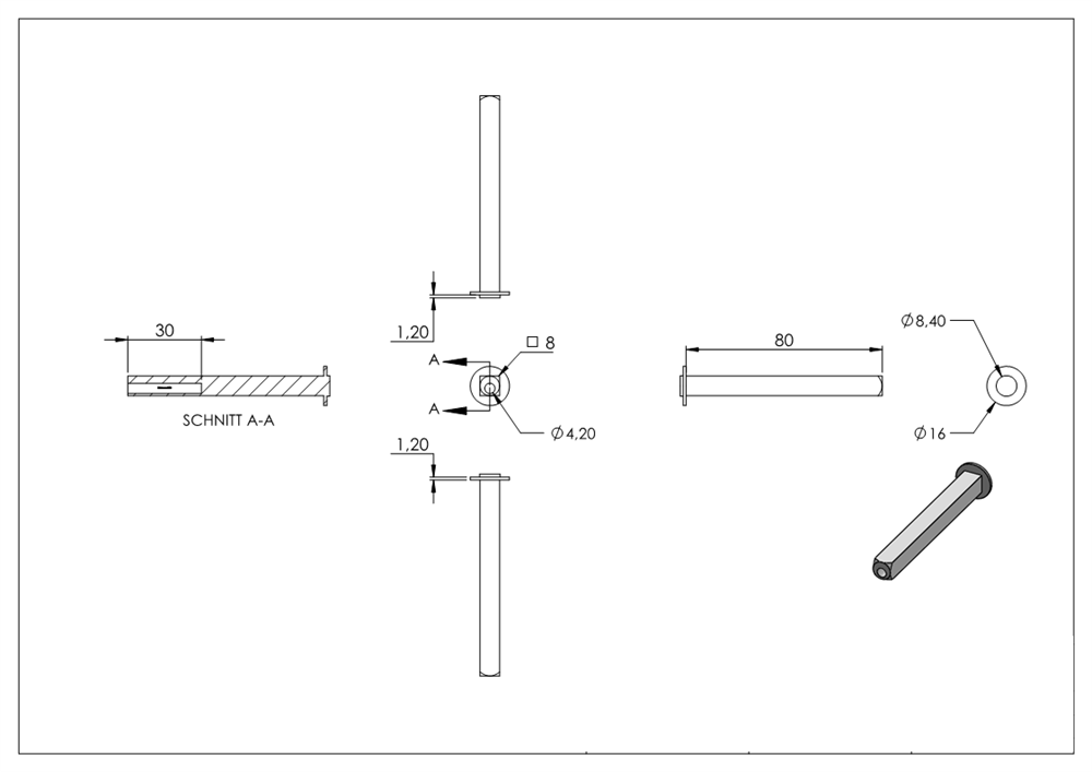 Change pin | Length: 70 mm | Dimensions: 8x8 mm | Steel S235JR, galvanized