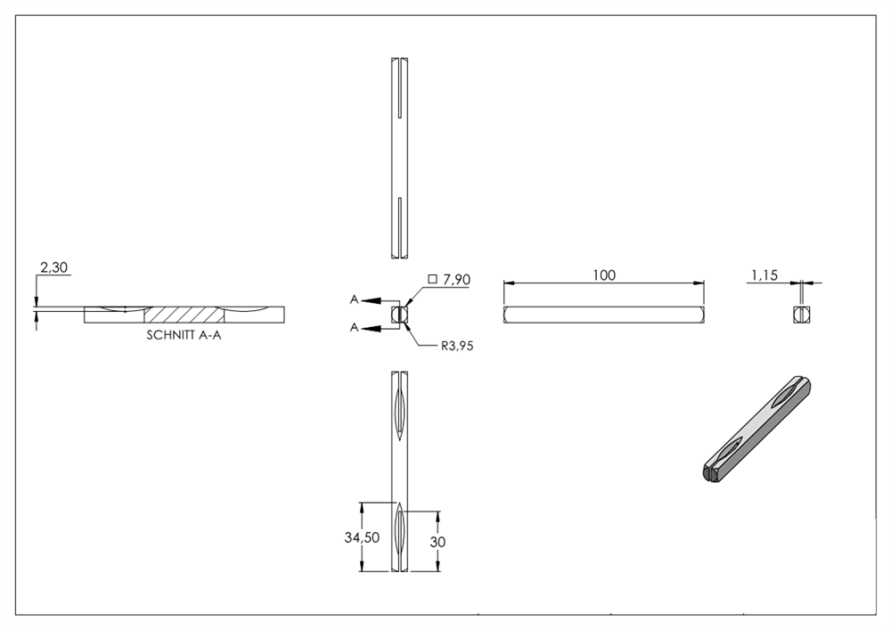 Handle pin | Length: 100 mm | Dimensions: 8x8 mm | Steel S235JR, galvanized