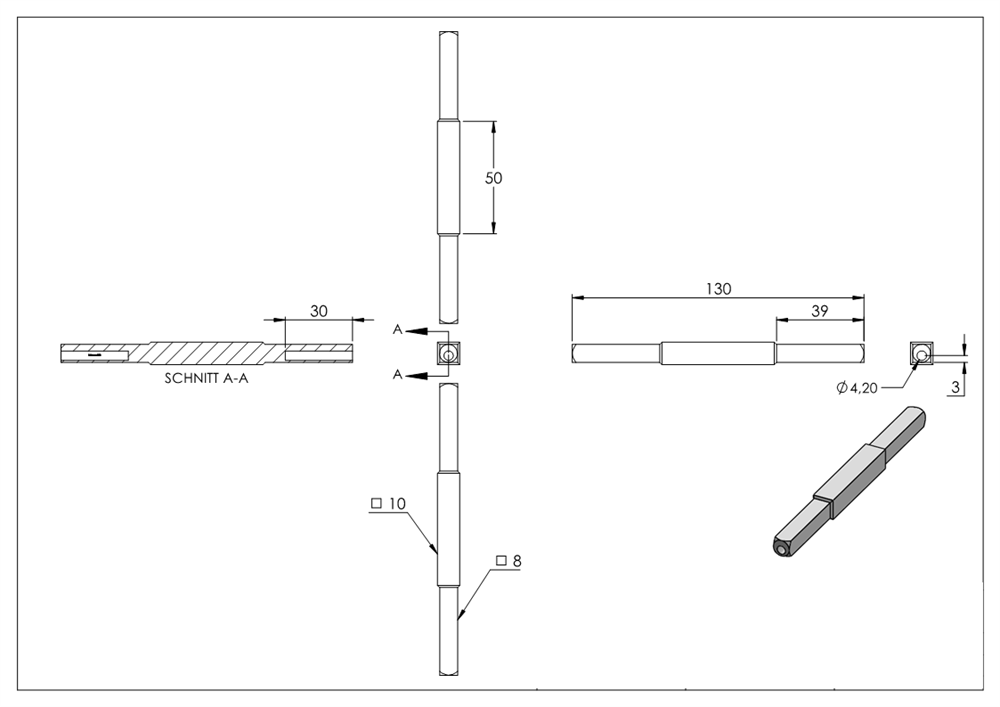 handle pin | length: 100 mm | dimensions: 8x8 mm | steel S235JR, raw