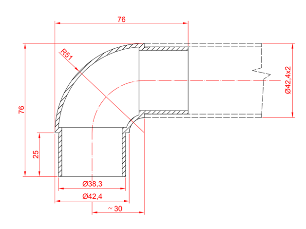 Pipe bend 90° | for gluing | for round pipe: Ø 42.4x2 mm | V2A