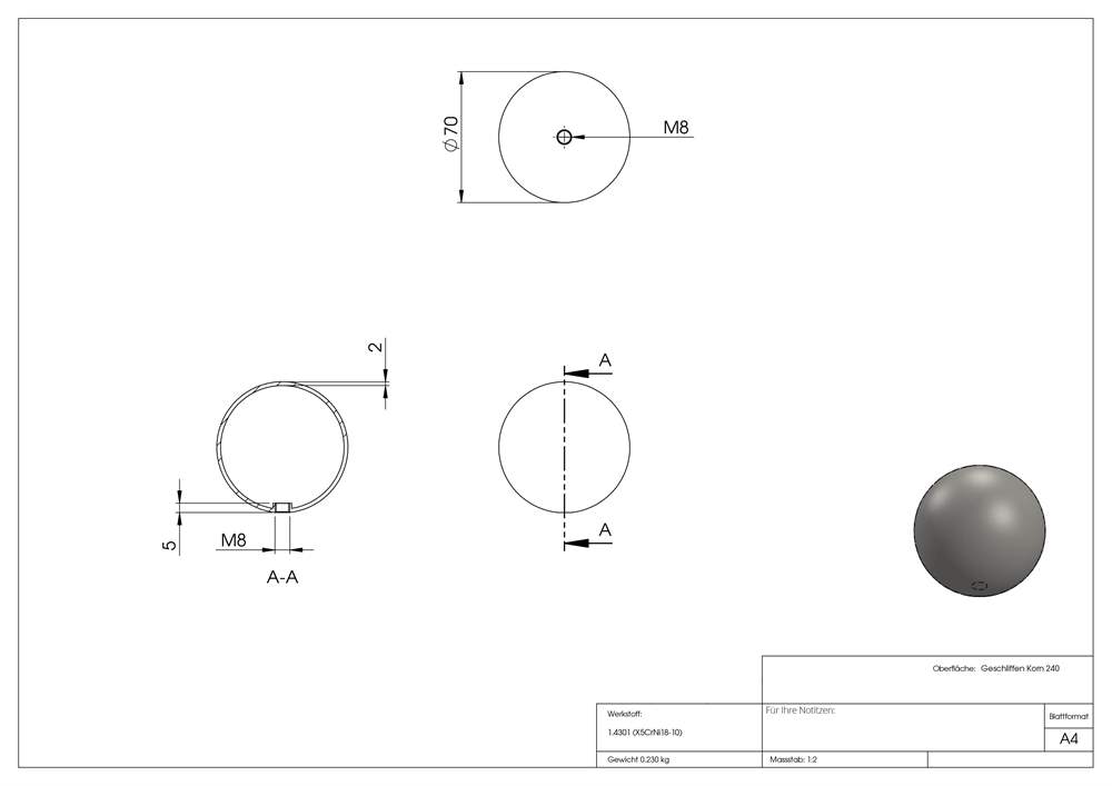Hollow ball | Ø 70 mm | with thread: M8 | V2A
