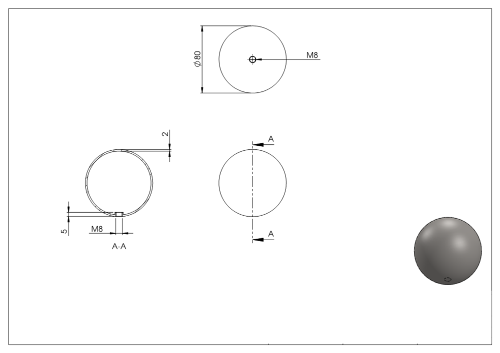 Hollow ball Ø 80 mm with thread M8 V2A