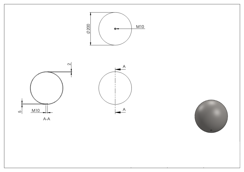 Hollow ball Ø 200 mm with thread M10 V2A