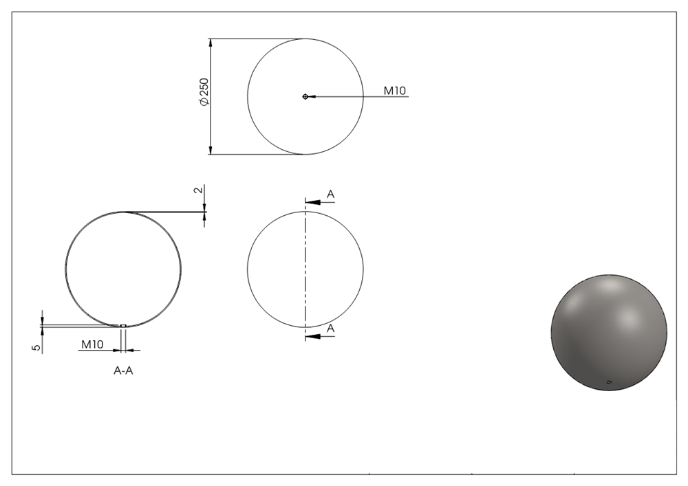 Hollow ball Ø 250 mm with thread M10 V2A