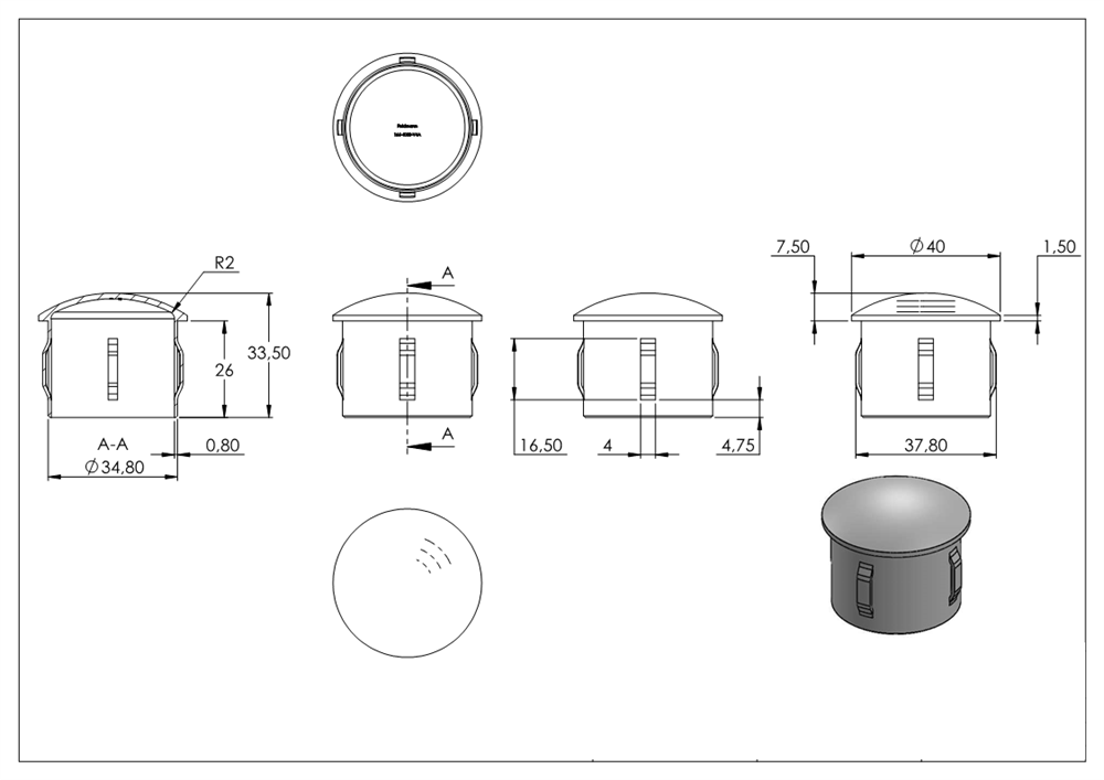 Plug slightly domed V4A cast for Ø 40.0x2.0-2.6 mm
