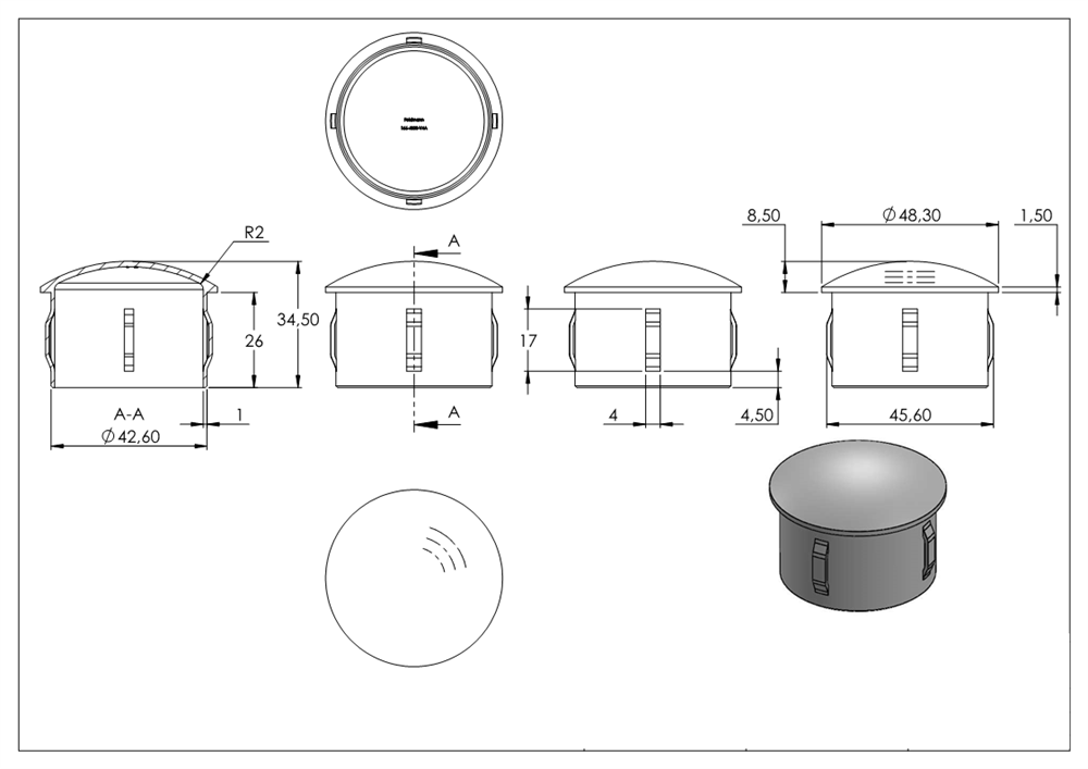 Plug slightly domed V4A cast for Ø 48.3x2.0-2.6 mm