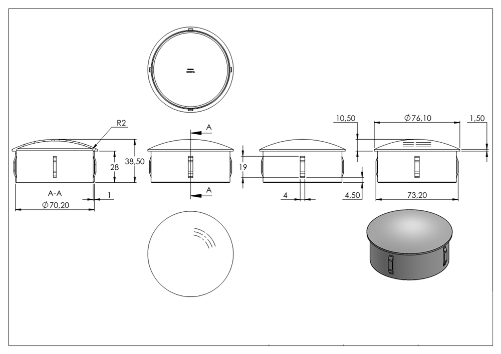 Plug slightly domed V2A cast for Ø 76.1x2.0-2.6 mm