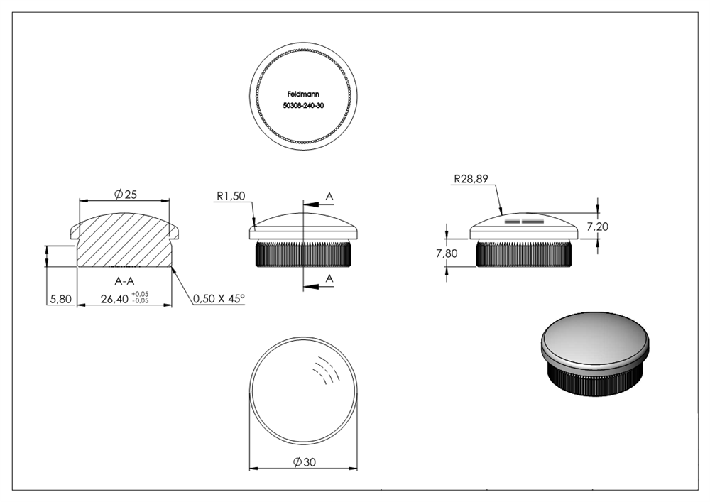 Plug slightly domed V2A solid material for Ø 30,0x2,0 mm