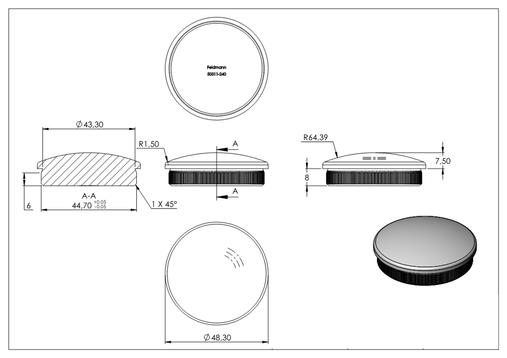Plug slightly domed V2A solid material for Ø 48,3x2,0 mm